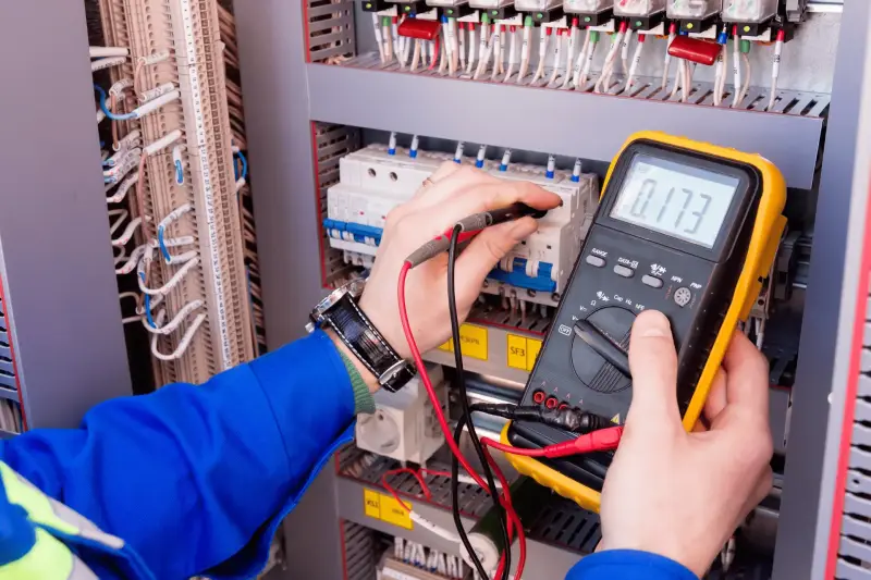 X.Q Electrical electrician testing an electrical control panel with a multimeter during Doncaster commercial work